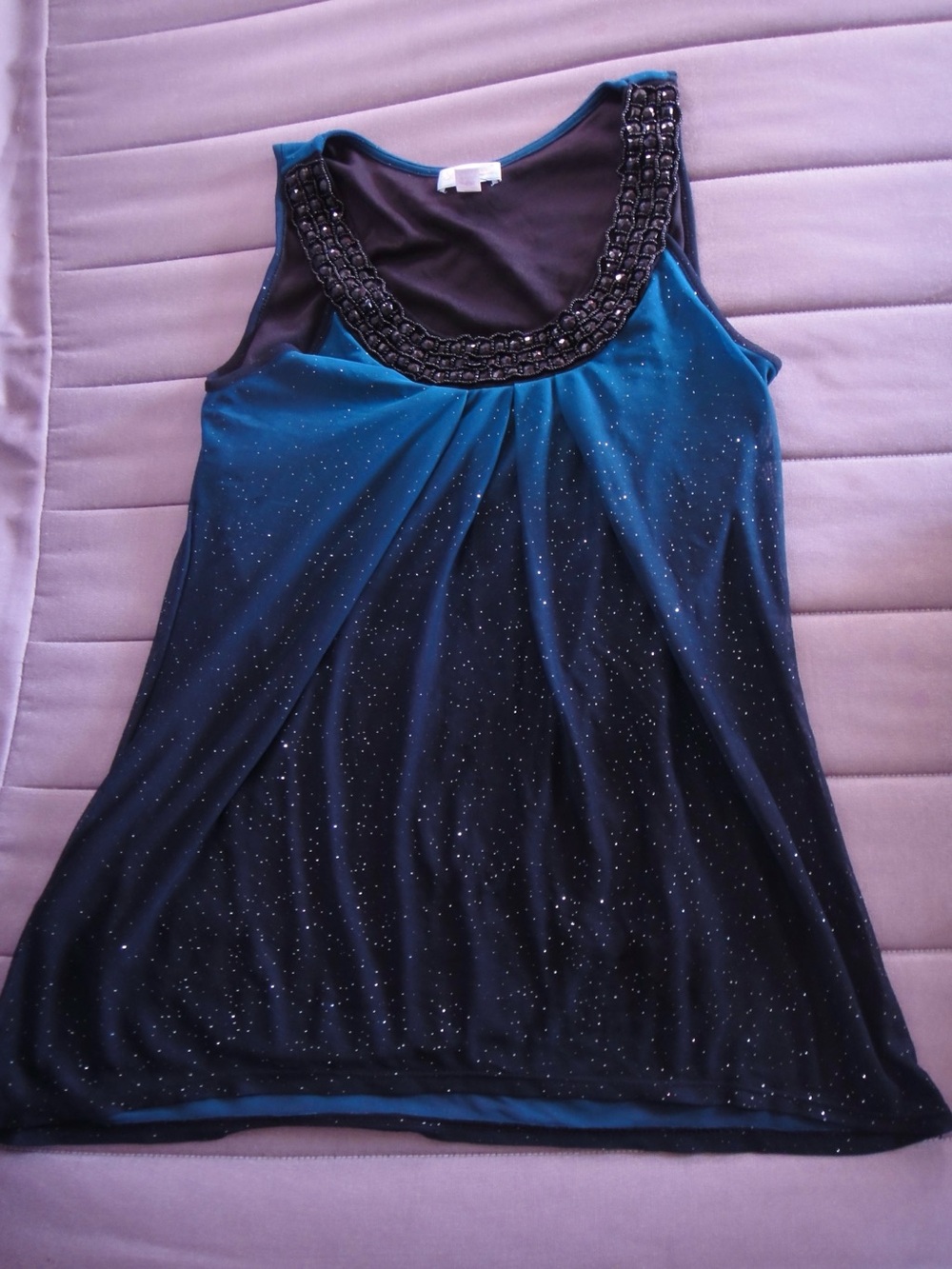 Embellished Teal and Black Sparkle Tank Top